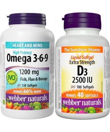 Webber Naturals Omega 3-6-9 1 200 mg Fish Oil & Vitamin D3 2500 IU Extra Strength 180 Softgels For Healthy Bones Teeth and Helps Prevent Vitamin D Deficiency Omega 3-6-9 + Vitamin D3 2500 IU