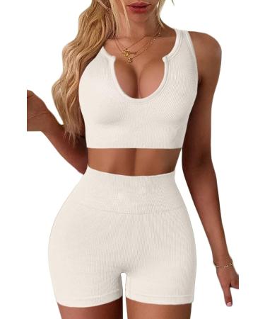 QINSEN Seamless Ribbed Workout Set for Women - Sport Bra & High Waist Shorts - Medium Beige - Buy Online on SooperMarket.com