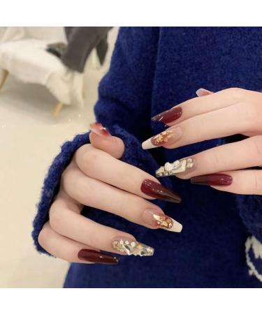 Temperament-enhancing manicure retro burgundy blush French manicure patch hand-made fake nails wearing fake nail patch finished product is detachable.(M) - Buy Online on SooperMarket.com