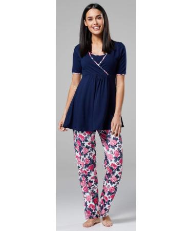 Happy Mama Maternity Nursing Nightwear Set - 3 Piece Navy and Ecru with Flowers | Pants, Top, Robe 558p - Buy Online on SooperMarket.com