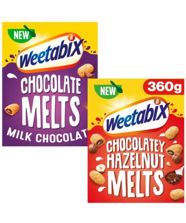 Breakfast Cereal Bundle With Weetabix Chocolate Melts Milk Chocolate 360g and Chocolatey Hazelnut Melts 360g (2 Pack)