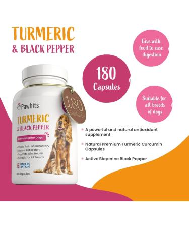 180 Turmeric for Dogs with Bioperine | Natural Premium Curcumin Capsules for Pets | Antioxidant Supplement for Hip & Joints - 180 Caps - Buy Online on SooperMarket.com