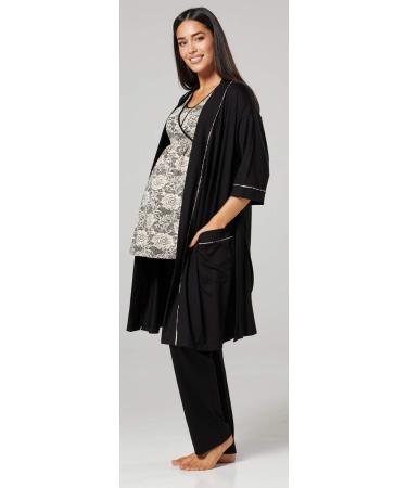 HAPPY MAMA Women's Maternity Nursing 3pcs Nightwear Set - Beige Flowers & Black - Buy Online on SooperMarket.com