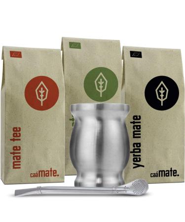 Mate Tea Set Organic 3 types of mate + double-walled stainless steel mate cup + bombilla + preparation instructions (silver)