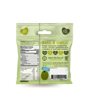 OLOVES Green Greek Pitted Olives | Basil & Garlic | Vegan, Kosher, Gluten Free, Keto Friendly | Fresh & All Natural Low Calorie Healthy Snack (30 Pack, 1.1oz Bags) - Buy Online on SooperMarket.com