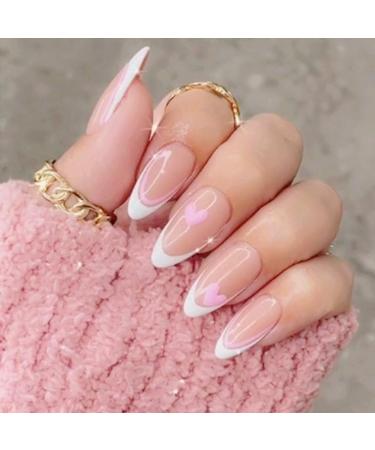 24Pcs French False Nails White Tip - Medium Length Almond Pink Press on Nails with Ballet Heart Design - Buy Online on SooperMarket.com