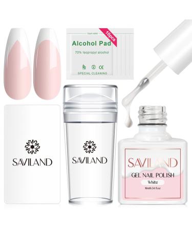 Saviland French Nail Stamp Kit Clear Nail Stamper with White Gel Nail Polish & Nail Scraper French Nail Tip Tools Silicone Jelly French Tip Stamp French Manicure Kit for Nail Art Nail Stamping Kit 01-White