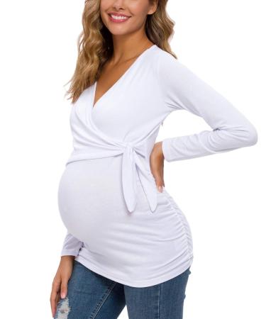 Love2Mi Women Maternity Breastfeeding Tops Long Sleeve V-Neck Cute Maternity Clothes M White-long