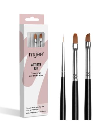 Mylee Artiste Nail Brush Kit 3x Brushes Design for Gel Nail Art & Polish Application Oval Angled Fine Professional Quality Manicure Painting Tool Liner Drawing Pen for Home & Salon Use