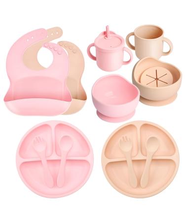 Mumez children's harness Babyplate 14-part set children's plate with suction cup plate bibs bowl bib babor baby drinking cup silicone plate baby slide-resistant without bpa pink+peach