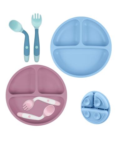 Vicloon Baby Suction Plate 2Pcs Silicone Baby Suction Plates Non Slip Silicone Baby Weaning Plate Divided Dishes for Toddler Kids Self Feeding Fits for Most Highchairs Trays(Pink/Grey Blue)