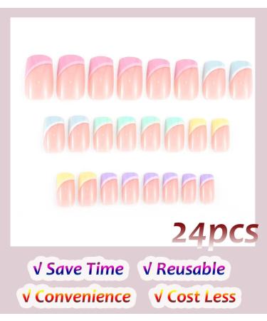 Sethexy French Short Square False Nails Collection - 24Pcs Glossy Rainbow Side French Press On Nails - Buy Online on SooperMarket.com