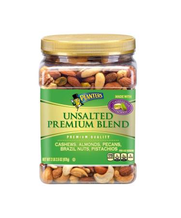 PLANTERS Unsalted Premium Nuts 34.5 oz. Resealable Container - Contains Roasted California Pistachios Cashews Almonds Hazelnuts & Pecans - No Artificial Flavors or Colors - Kosher