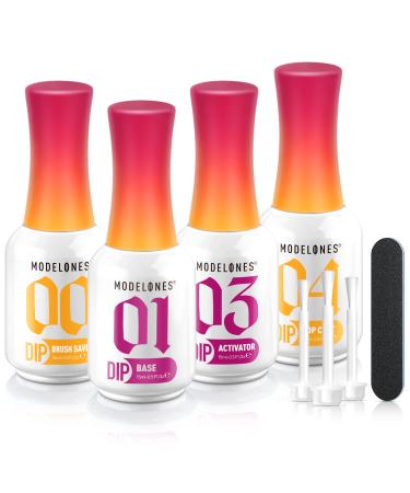 Modelones 4+4 Pcs Dip Powder Liquid Set 15ml/0.5oz  Acrylic Dipping Powder System Essential Set with Base Coat/Top Coat/Activator/Brush Saver/Manicure Tools for Nail Art DIY Salon  No Nail Lamp Needed A3-Dip liquid set