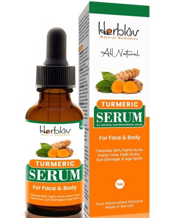 Herblov Turmeric Serum for Face & Body - All Natural Turmeric Skin Brightening Serum - Cleanses Skin  Fights Acne  Evens Tone  Heals Scars - Pure Handcrafted Skincare Made in the USA