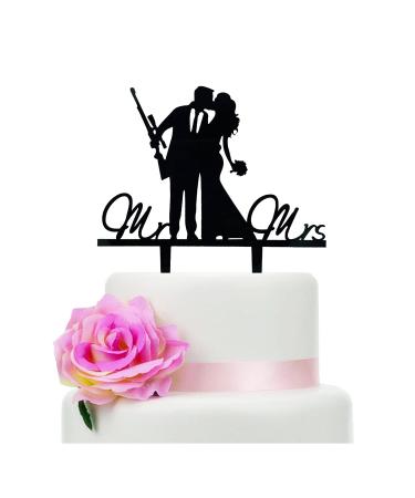 Mr and Mrs Wedding Cake Topper - Groom & Bride With Heavy Gun and Holding Flowers - Funny Gun Theme Wedding/Anniversary/Bridal Shower Cake Topper Funny Wedding Cake Topper (Heavy Gun)