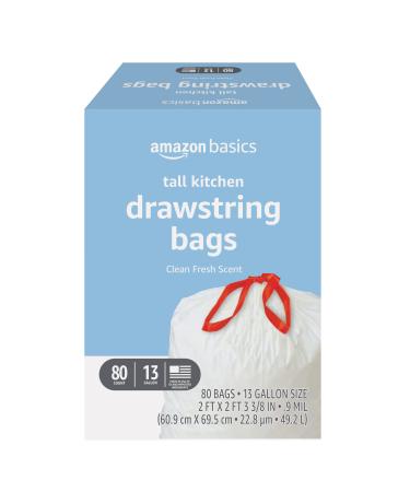 Amazon Basics Tall Kitchen Drawstring Trash Bags, Clean Fresh Scent, 13 Gallon, 80 Count (Previously Solimo)