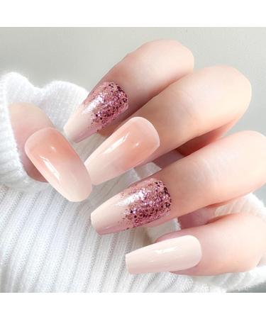 LUVADEYO 24 PCs Pink Coffin Sequins Fake Nails | Medium Length Press-On Nails with Bling Gradient & Rhinestone Design - Gorgeous Full Cover False Nails - Buy Online on SooperMarket.com