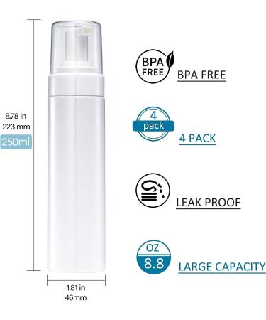 8.5oz White Foam Pump Bottle 4 Pack - Refillable Travel Hand Soap & Shampoo Dispenser - Buy Online on SooperMarket.com