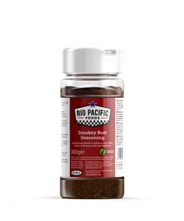 Rio Pacific Foods Smokey Butt Seasoning 300g blend of spices and chillies with black and off white flecks for meats to use as a flavour enhancer for grilling roasting or barbecues.