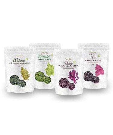Organic algae flakes set - dulse sea salad nori wakame dried Atlantic (raw vegan) seatang umami -wort for salad sushi dashi salt space snack - organic raw dried seaweed flakes |Pureeraw 95g Mix flakes set set