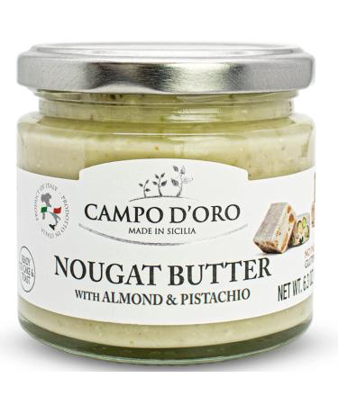 Pistachio and Almond Nougat Butter Spreadable Pistachio and Almond Torrone Cream Crema di Torroncino (6.35oz - 180 g). Product of Italy made in Sicily. NON-GMO Gluten Free Palm Oil Free Campo D'Oro