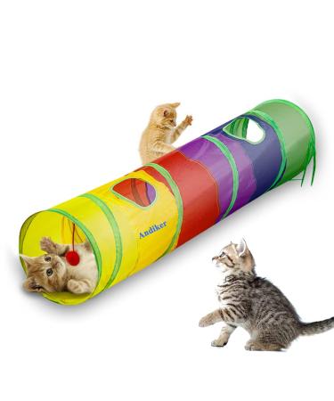 Andiker Cat Tunnel, cat Tunnel pet Tube Collapsible Play Toy Indoor Outdoor Toys for Puzzle Exercising Hiding Training and Running with Fun Ball and 2 Hole (25 * 120cm) Colorful