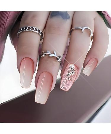 Pink Gradient Rhinestone Press on Nails - 24 Pcs Medium Coffin Shape | Glitter Powder & Rhinestone Designs | False Nails for Women and Girls - Buy Online on SooperMarket.com