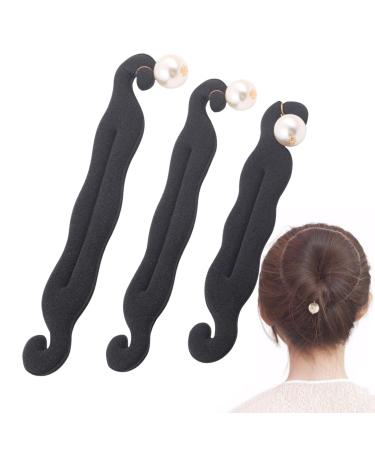 3pcs Pearl Hair Bun Maker for Women Lazy Hair Curler Bun Clips Flexible Foam Sponge Donut Maker for Making DIY Hair Styles Magic Hair Styling Tool Accessories(black)