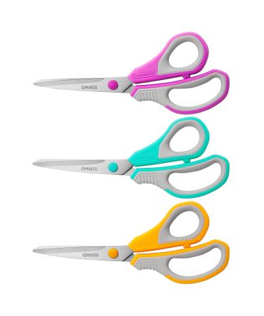 QMVESS 8.5" Scissors All Purpose 3 Pack, Ultra Sharp Multipurpose Blade Shears, Professional Ergonomic Comfort Grip Scissors for Office School Home Sewing Fabric DIY Craft Cutting General Use Yellow,green,purple