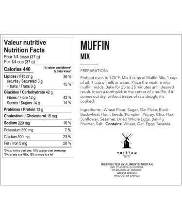 Aliments Tristan Instant Muffin Mix for Blueberry Banana Chocolate Chip Protein and Healthy Breakfasts Pastries or Desserts No Artificial Flavors or Colors Made in Canada 1000g - Buy Online on SooperMarket.com