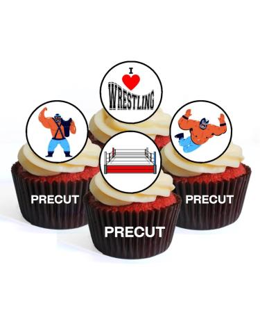 PRECUT Wrestling Edible Cupcake Toppers - Premium Thickness SWEETENED VANILLA - wafer card disc cake decorations (Pack of 24)