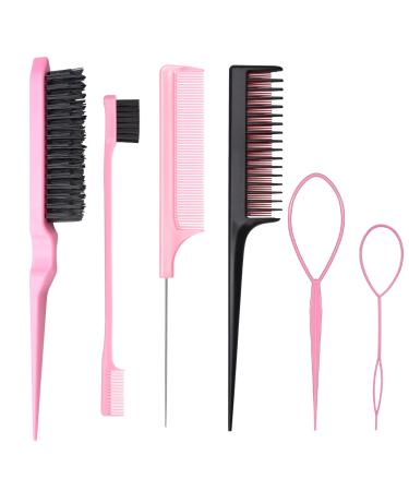 6 Pcs Hair Styling Comb Kit Teasing Comb Brush Set Includes Fluffy Hair Brush Double Sided Edge Control Brush Triple Teasing Comb Fine Metal Rat Tail Comb for Women Professional Barber (Pink)