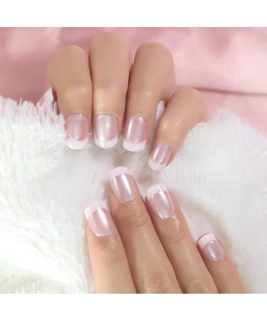 Elevenail Glossy Pearl Pink White French False Nails - Medium Short Squoval Press on Nails for Women and Girls - Christmas Nail Art Tips Gift - Buy Online on SooperMarket.com