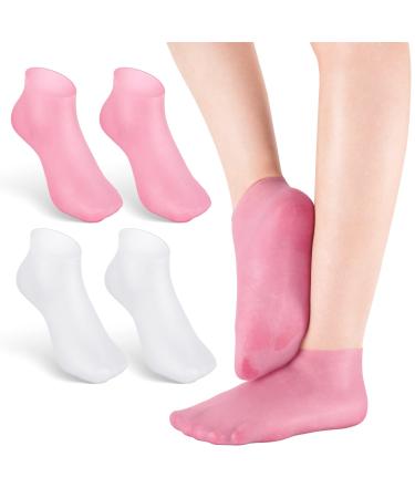 Noverlife 2 Pairs Silicone Moisturizing Socks Anti Slip Aloe Socks for Dry Cracked Feet Women & Softening Dry Cracked Feet Rough Skins, Calluses, Spa Gel Socks Foot Care After Pedicure - Pink & White