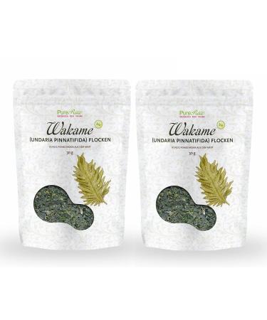 Wakame algae flakes organized organic (raw vegan) Umami wort for salad sushi dashi snack salt space - Undaria Pinnatifida Braunalge - Seawened flakes Raw Wild |Pureeraw 60g ( 2x 30g) Wakame 2 Pack standard