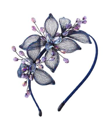 IYOU Flower Copper Wire Headbands Navy Blue Crystal Hair Bands Handmade Vintage Party Prom Wedding Hair Accessories for Women