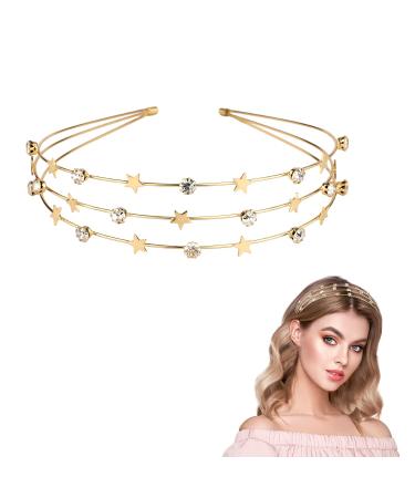 Stars Headband 3-Tier Rhinestone Gold Star Halo Crown Headband Shiny Metal Star Hair Hoop Goddess Crystal Headpiece Bridal Hair Hand Tiara Accessories for Women Girls Brides Bridesmaids