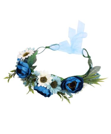 Floral Crown Headband Bride Flower Wreath Crown Flower Garland Headband Hair Wreath Hair Garland Boho Floral Headpiece with Ribbon Rose Flower Bohemian Hair Accessories for Wedding Party Festival Blue