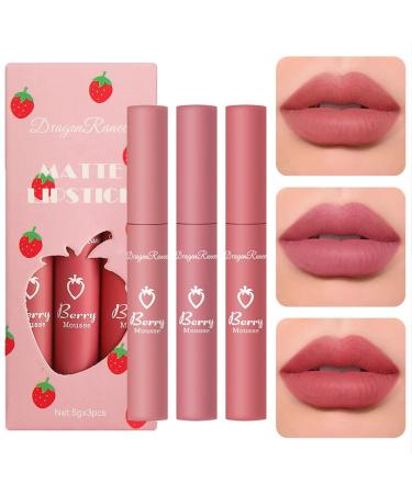 3 Colors Nude Matte Liquid Lipstick  Natural Velvet Lip Gloss Set Moisture Smooth Color Stick Lip Stain Waterproof  Long-Lasting Non-Sticky  Not Fade (Set C)