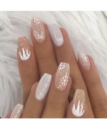 Vatocu Christmas False Nails Short Red Press on Nails Snowflakes Elk Fake Nails Snowman Acrylic Stick on Nails for Women and Girls(24pcs)