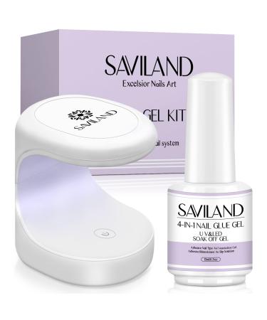 Saviland Gel Nail Glue with Mini Nail Lamp Kit  4-in-1 U V Nail Glue Gel 15ML for Nail Tips and 16W Portable U V light for Easy and Fast Curing Gel Nail extension DIY Nail Art