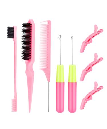Sweet view crochet needles for hair with 2 pieces of crochet needles 1 piece of edge brush 1 piece of bristle hair brush 1 piece of rat tail comb 3 pieces of hair clips pink 2