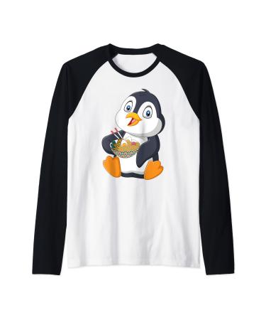 Penguin eating a Japanese Ramen noodle soup Raglan Baseball Tee