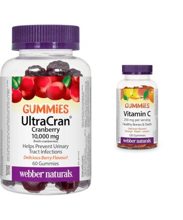 Webber Naturals UltraCran Cranberry 10 000 mg Gummy & Vitamin C Gummy 125 mg 120 Gummies For Bones Teeth Immune and Antioxidant Health Vegan Gummy + Vitamin C Gummy