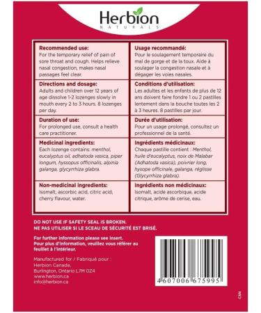 Herbion Naturals Sugar-Free Cough Lozenges with Natural Cherry Flavour 25 Lozenges - Relieves Cough and Nasal Congestion Soothes Sore Throat For Adults and Children 12 years and above (Pack of 5 125 Lozenges) - Buy Online on SooperMarket.com