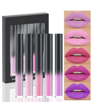 evpct 5Pcs Lavender Baby Pink Rose red Violet Plum purple Matte Liquid Lipstick Lip Stain Sets for Women Matte+Lipstick Long Lasting 24 hr Hours Magic Lipstick 24 Hours original Waterproof Set01 5 Count (Pack of 1) Set01