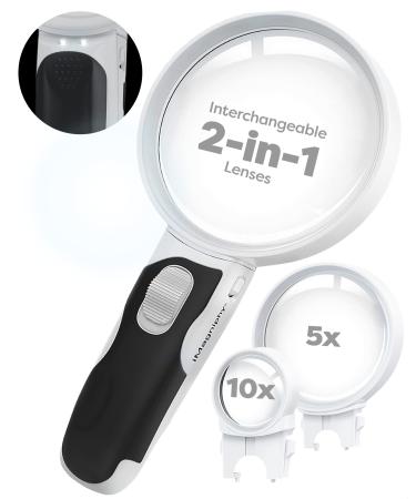 Imagniphy magnifying glass with light with 2 lentils & LED light: 5x & 10x illuminated reading icing magnificent glass-glue for seniors jewelers craft books 2-lens (5x + 10x)