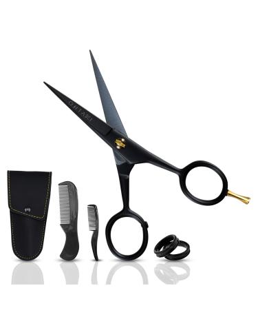Ontaki Professional beard shears made of German steel 12.7 cm men's mustache scissors with a beard and carrying bag hand-forged slanted edge precision facial hair-black