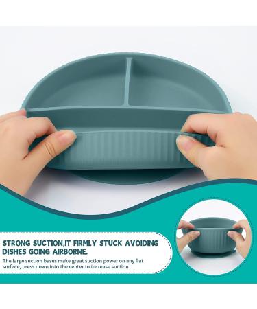 Baby Feeding Set: Silicone Bib, Suction Divided Bowl, Spoon, Fork - Toddler Utensils for Baby Led Weaning - 6 Months (Blue Green) - Buy Online on SooperMarket.com